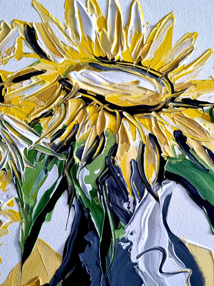 sunflower on  white textured in grey vase
