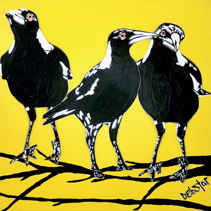 3 cheeky Australian Magpies Yellow Pop