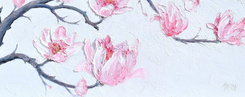 Heavily textured oil painting of pink Magnolia flowers, with a little female Splendid Fairy Wren perched on a branch.  This little bird is light grey and blue.