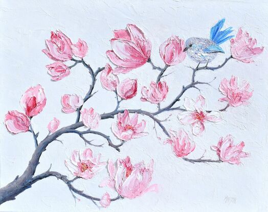 Heavily textured oil painting of pink Magnolia flowers, with a little female Splendid Fairy Wren perched on a branch.  This little bird is light grey and blue.