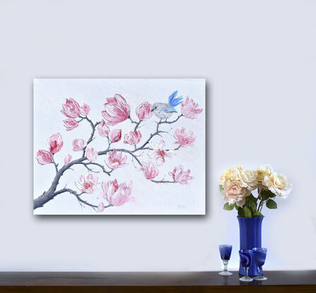 Heavily textured oil painting of pink Magnolia flowers, with a little female Splendid Fairy Wren perched on a branch.  This little bird is light grey and blue.