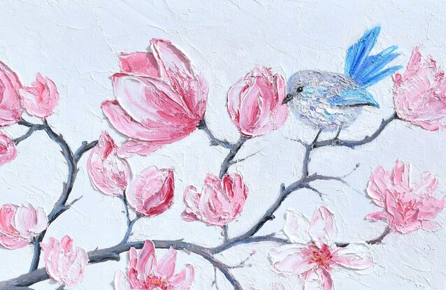 Heavily textured oil painting of pink Magnolia flowers, with a little female Splendid Fairy Wren perched on a branch.  This little bird is light grey and blue.