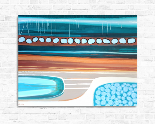 This statement painting draws inspiration from the beautiful Kimberley coast of Western Australia.
The turquoise waters and ochre layered rock formations are a beauty of nature.