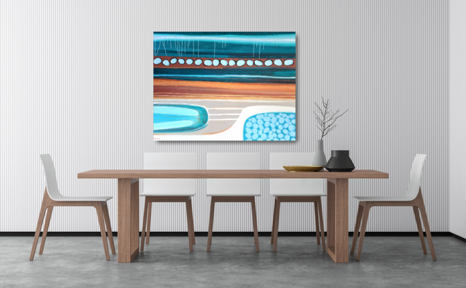 This statement painting draws inspiration from the beautiful Kimberley coast of Western Australia.
The turquoise waters and ochre layered rock formations are a beauty of nature.