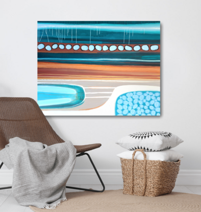 This statement painting draws inspiration from the beautiful Kimberley coast of Western Australia.
The turquoise waters and ochre layered rock formations are a beauty of nature.