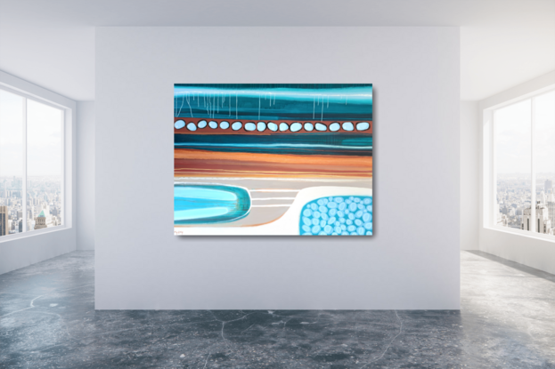 This statement painting draws inspiration from the beautiful Kimberley coast of Western Australia.
The turquoise waters and ochre layered rock formations are a beauty of nature.