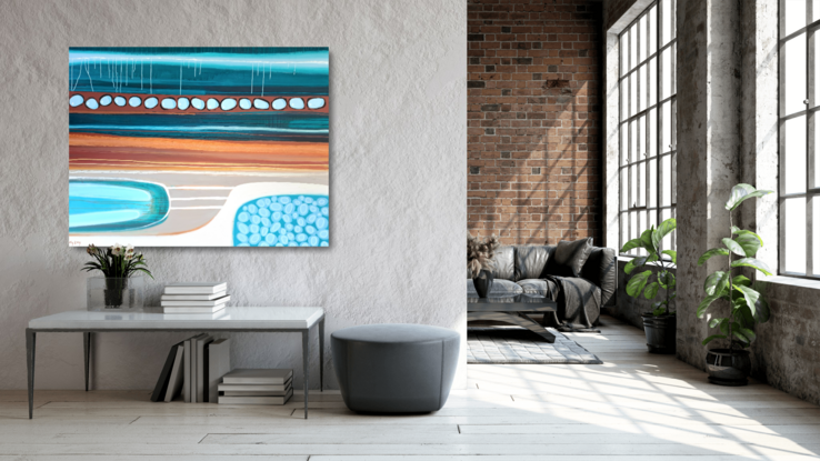 This statement painting draws inspiration from the beautiful Kimberley coast of Western Australia.
The turquoise waters and ochre layered rock formations are a beauty of nature.