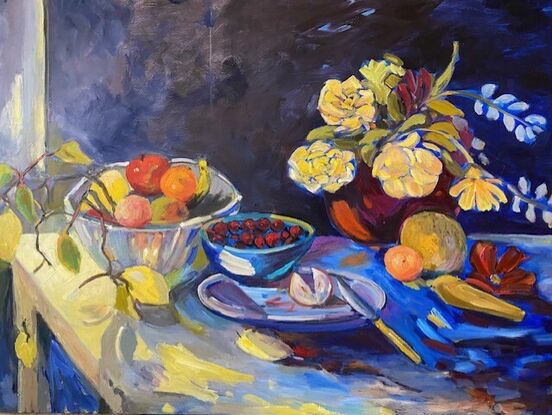 Rich colours of flowers and fruit on a dark background provide drama to a still life.