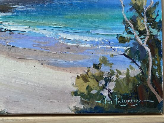 Painting of beach, rocks and cliffs with palette knife and brush. 