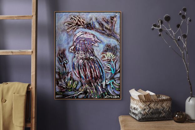 The artist's expressive depiction of the cockatoo in this painting showcases a unique and quirky style, characterized by the use of multiple layers and vibrant colors. The intricate layering technique creates a sense of depth and texture, bringing the bird to life in a dynamic and engaging way. The use of contrasting colors and bold lines emphasizes the cockatoo's distinctive features, such as its crest and feathers, highlighting its beauty and vibrant personality.

The playful and whimsical elements of the artwork capture the cockatoo's quirky nature, making it appear lively and full of character. The surrounding foliage, rendered in a similarly layered and vibrant style, adds to the overall richness of the composition, creating a harmonious and immersive natural scene. Through this artwork, the artist expresses an appreciation for the cockatoo's unique and quirky characteristics, celebrating the intricate beauty and individuality of nature.