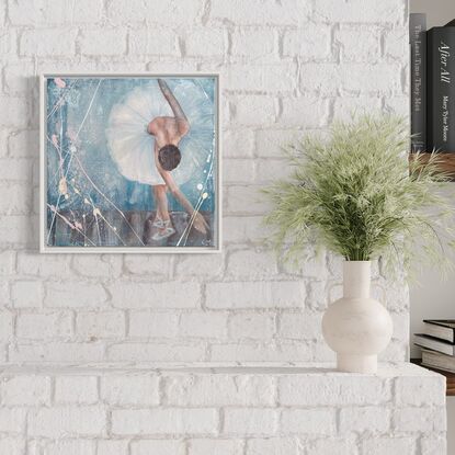 Featuring a beautiful Prima Dona ballerina taking a bow at the close of her magnificent performance, this original artwork by Carmel McCarney features expressive brush strokes and layers of texture.  Softness of the tutu compliments the beautiful elegant features of the ballerina. Gentle blue palette framed in a white wooden frame makes this piece perfect for a child’s room or playroom or a living area or bedroom of anyone who appreciates the elegance of the arts and ballet. This would pair well with En Pointe, also by Carmel McCarney