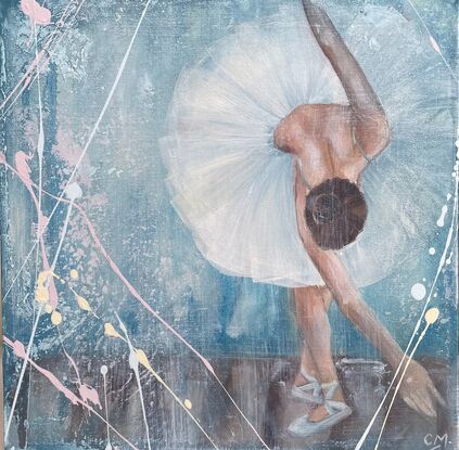 Featuring a beautiful Prima Dona ballerina taking a bow at the close of her magnificent performance, this original artwork by Carmel McCarney features expressive brush strokes and layers of texture.  Softness of the tutu compliments the beautiful elegant features of the ballerina. Gentle blue palette framed in a white wooden frame makes this piece perfect for a child’s room or playroom or a living area or bedroom of anyone who appreciates the elegance of the arts and ballet. This would pair well with En Pointe, also by Carmel McCarney