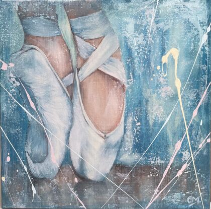 Featuring a beautiful Prima Dona ballerina standing en pointe, this original artwork by Carmel McCarney features expressive brush strokes and layers of texture.  A gentle blue palette framed in a white wooden frame makes this piece perfect for a child’s room or playroom or a living area or bedroom of anyone who appreciates the elegance of the arts and ballet. This would pair well with “Take a Bow”, also by Carmel McCarney