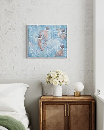 Featuring an elegant group of ballerinas,  this original artwork by Carmel McCarney features expressive brush strokes and layers of texture.  Softness of the tutus compliments the beautiful soft features of the ballerinas. Gentle blue palette framed in a white wooden frame makes this piece perfect for a child’s room or playroom or a living area or bedroom of anyone who appreciates the elegance of the arts and ballet. This would pair well with En Pointe, also by Carmel McCarney