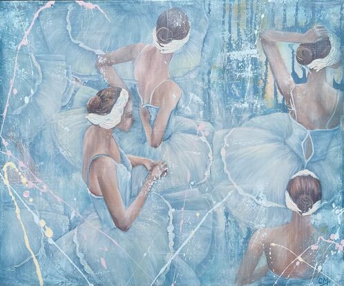 Featuring an elegant group of ballerinas,  this original artwork by Carmel McCarney features expressive brush strokes and layers of texture.  Softness of the tutus compliments the beautiful soft features of the ballerinas. Gentle blue palette framed in a white wooden frame makes this piece perfect for a child’s room or playroom or a living area or bedroom of anyone who appreciates the elegance of the arts and ballet. This would pair well with En Pointe, also by Carmel McCarney