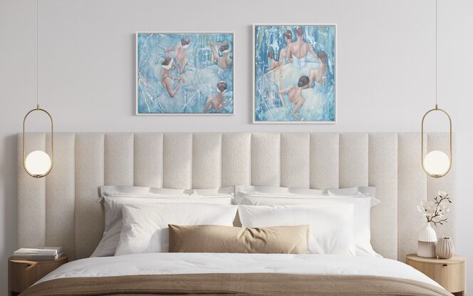 Featuring an elegant ballet corp, this original artwork by Carmel McCarney features expressive brush strokes and layers of texture.  Softness of the tutus compliment the beautiful elegant features of the ballerinas. Gentle blue palette framed in a white wooden frame makes this piece perfect for a child’s room or playroom or a living area or bedroom of anyone who appreciates the elegance of the arts and ballet. This would pair well with Swan Lake,, also by Carmel McCarney