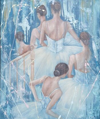 Featuring an elegant ballet corp, this original artwork by Carmel McCarney features expressive brush strokes and layers of texture.  Softness of the tutus compliment the beautiful elegant features of the ballerinas. Gentle blue palette framed in a white wooden frame makes this piece perfect for a child’s room or playroom or a living area or bedroom of anyone who appreciates the elegance of the arts and ballet. This would pair well with Swan Lake,, also by Carmel McCarney