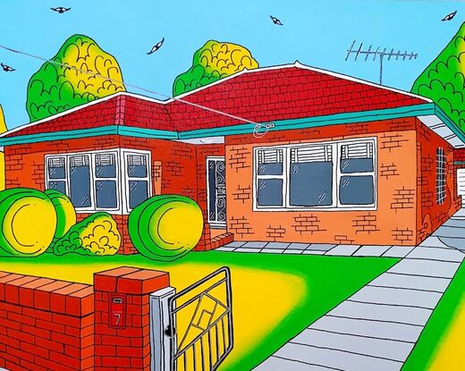 A bright colourful depiction of a post war Aussie suburban home. Red brick, venetian blinds, tiled roof and circle hedges - this painting evokes feelings of nostalgia and memories of simpler times. Plenty of trees and green grass, birds flying in the blue sky, a concrete driveway and brick wall featuring a  mailbox out the front.