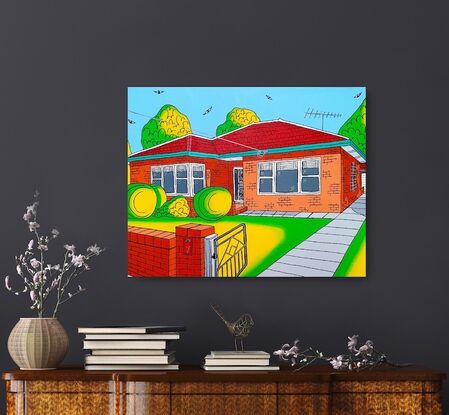 A bright colourful depiction of a post war Aussie suburban home. Red brick, venetian blinds, tiled roof and circle hedges - this painting evokes feelings of nostalgia and memories of simpler times. Plenty of trees and green grass, birds flying in the blue sky, a concrete driveway and brick wall featuring a  mailbox out the front.