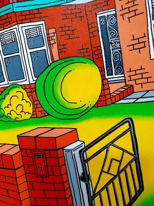 A bright colourful depiction of a post war Aussie suburban home. Red brick, venetian blinds, tiled roof and circle hedges - this painting evokes feelings of nostalgia and memories of simpler times. Plenty of trees and green grass, birds flying in the blue sky, a concrete driveway and brick wall featuring a  mailbox out the front.