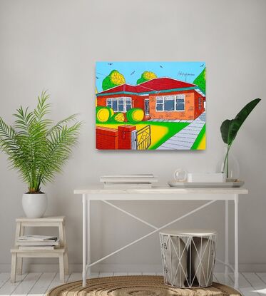 A bright colourful depiction of a post war Aussie suburban home. Red brick, venetian blinds, tiled roof and circle hedges - this painting evokes feelings of nostalgia and memories of simpler times. Plenty of trees and green grass, birds flying in the blue sky, a concrete driveway and brick wall featuring a  mailbox out the front.