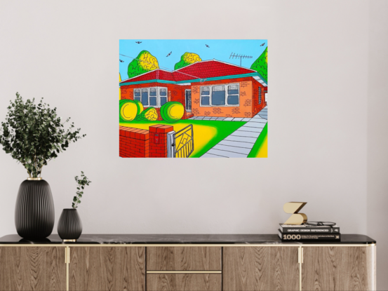 A bright colourful depiction of a post war Aussie suburban home. Red brick, venetian blinds, tiled roof and circle hedges - this painting evokes feelings of nostalgia and memories of simpler times. Plenty of trees and green grass, birds flying in the blue sky, a concrete driveway and brick wall featuring a  mailbox out the front.