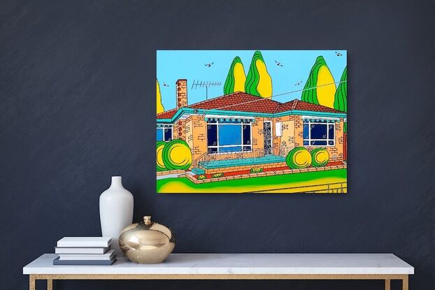 A fun and colourful portrayal of a post war Australian suburban brick home. Complete with wrought iron fencing, round hedges, tiled roof, striped awnings and treed  backyard. This artwork reflects memories of the way our suburbs and homes use to look.  The features are detailed with pen work.