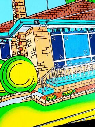 A fun and colourful portrayal of a post war Australian suburban brick home. Complete with wrought iron fencing, round hedges, tiled roof, striped awnings and treed  backyard. This artwork reflects memories of the way our suburbs and homes use to look.  The features are detailed with pen work.