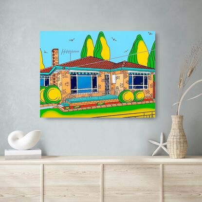 A fun and colourful portrayal of a post war Australian suburban brick home. Complete with wrought iron fencing, round hedges, tiled roof, striped awnings and treed  backyard. This artwork reflects memories of the way our suburbs and homes use to look.  The features are detailed with pen work.