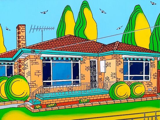 A fun and colourful portrayal of a post war Australian suburban brick home. Complete with wrought iron fencing, round hedges, tiled roof, striped awnings and treed  backyard. This artwork reflects memories of the way our suburbs and homes use to look.  The features are detailed with pen work.