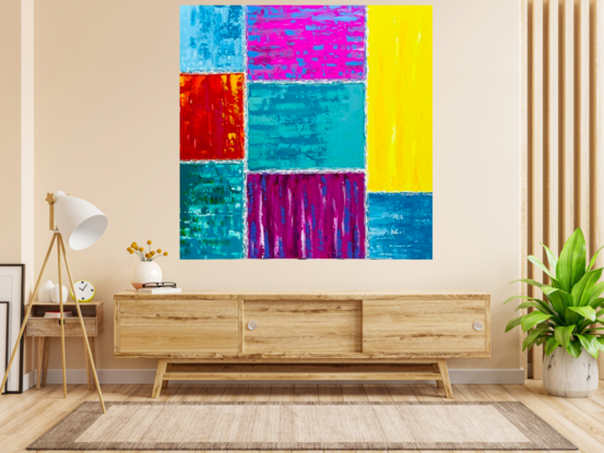 This painting embodies vibrant impasto layers of  all rainbow colors with highlights of white,, reminiscent of an abstract ode to all beautiful colors found in nature.