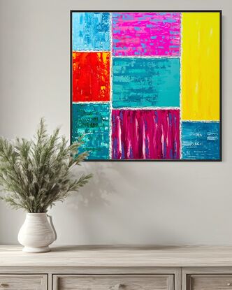 This painting embodies vibrant impasto layers of  all rainbow colors with highlights of white,, reminiscent of an abstract ode to all beautiful colors found in nature.