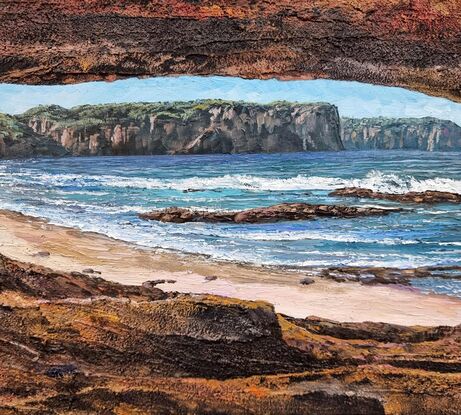 A view looking out of a cave on the beach. This neach could be many places on the South coast of NSW Australia,but its in my memory or imagination. The cave is highly textured with sand and modelling compound.