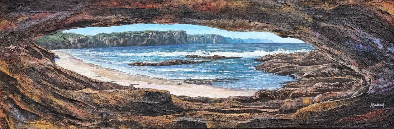 A view looking out of a cave on the beach. This neach could be many places on the South coast of NSW Australia,but its in my memory or imagination. The cave is highly textured with sand and modelling compound.