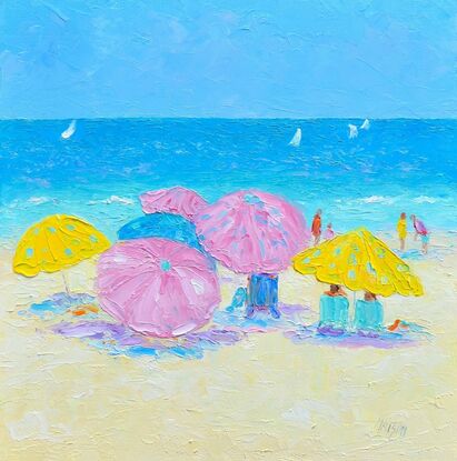 Brightly coloured beach umbrellas in blue, yellow and pink dot the sandy shore as people stroll along beside the calm blue sea. There are sail boats on the horizon.