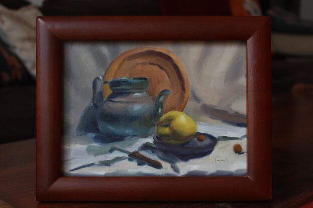 Original oil painting of kettle, ceramic plate, fruit and knife.