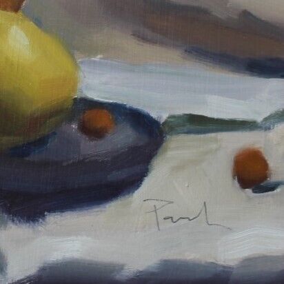 Original oil painting of kettle, ceramic plate, fruit and knife.