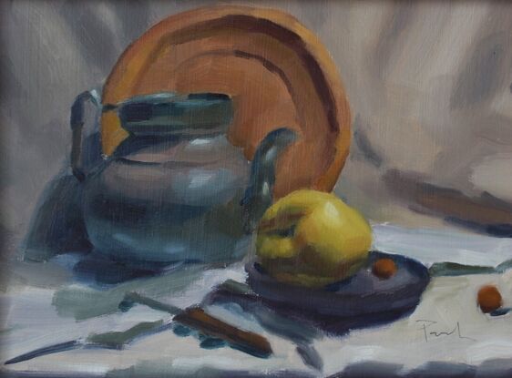 Original oil painting of kettle, ceramic plate, fruit and knife.