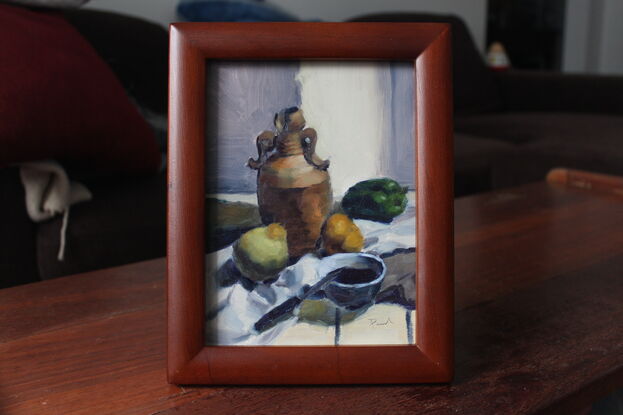 Original oil painting of ceramics and fruit on table.