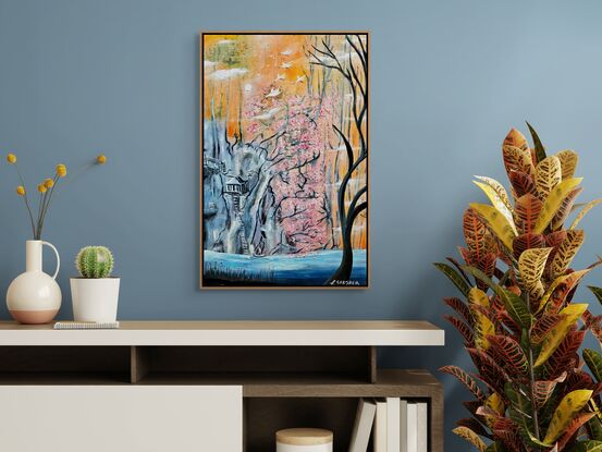 This painting masterfully merges elements of nature, fantasy, and symbolism, creating a visual narrative that invites contemplation and serenity. The warm, glowing background—bathed in soft orange, yellow, and peach tones—hints at the transition between day and night, a moment of calm that often evokes reflection. Rising in contrast from this backdrop, a cherry blossom tree in full bloom takes center stage, its vibrant pink petals capturing the delicate, fleeting beauty associated with springtime and renewal. This nod to Japanese aesthetics, particularly the symbolism of cherry blossoms (sakura), highlights themes of impermanence and the cycles of life, reflecting both beauty and the passage of time. Above, a flock of white cranes soars gracefully across the sky, further deepening the connection to Japanese art and culture, where cranes represent longevity, peace, and spiritual transcendence. Their presence suggests movement, freedom, and the hope of a better, more liberated existence.

Nestled quietly to the left of the canvas is a treehouse, precariously perched on a cliff-like tree with a spiraling staircase leading to its door. This whimsical structure invites feelings of childhood wonder and escapism, evoking a secluded hideaway from the complexities of life, where one might retreat into nature and fantasy. Below, a small boat drifts on calm, cool blue waters, emphasizing the painting's tranquility and adding a sense of quiet introspection, as though the boat itself is on a peaceful journey. On the right side, bare black trees stand in stark contrast to the blossoming cherry tree, introducing a symbolic interplay between life and decay, growth and dormancy, perhaps suggesting the inevitability of change and the cyclical nature of existence.

Overall, the painting creates a harmonious blend of reality and fantasy, inviting the viewer to explore its layers of meaning. The artist, L. Srejber,  draws from Eastern influences, with symbolic motifs like the cherry blossoms and cranes, while also weaving in personal themes of escape, reflection, and solitude. The fantastical elements—such as the treehouse and the dreamlike landscape—blur the line between the real world and a meditative, inner world, offering a space where one might contemplate the beauty, transience, and complexity of life.