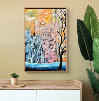 This painting masterfully merges elements of nature, fantasy, and symbolism, creating a visual narrative that invites contemplation and serenity. The warm, glowing background—bathed in soft orange, yellow, and peach tones—hints at the transition between day and night, a moment of calm that often evokes reflection. Rising in contrast from this backdrop, a cherry blossom tree in full bloom takes center stage, its vibrant pink petals capturing the delicate, fleeting beauty associated with springtime and renewal. This nod to Japanese aesthetics, particularly the symbolism of cherry blossoms (sakura), highlights themes of impermanence and the cycles of life, reflecting both beauty and the passage of time. Above, a flock of white cranes soars gracefully across the sky, further deepening the connection to Japanese art and culture, where cranes represent longevity, peace, and spiritual transcendence. Their presence suggests movement, freedom, and the hope of a better, more liberated existence.

Nestled quietly to the left of the canvas is a treehouse, precariously perched on a cliff-like tree with a spiraling staircase leading to its door. This whimsical structure invites feelings of childhood wonder and escapism, evoking a secluded hideaway from the complexities of life, where one might retreat into nature and fantasy. Below, a small boat drifts on calm, cool blue waters, emphasizing the painting's tranquility and adding a sense of quiet introspection, as though the boat itself is on a peaceful journey. On the right side, bare black trees stand in stark contrast to the blossoming cherry tree, introducing a symbolic interplay between life and decay, growth and dormancy, perhaps suggesting the inevitability of change and the cyclical nature of existence.

Overall, the painting creates a harmonious blend of reality and fantasy, inviting the viewer to explore its layers of meaning. The artist, L. Srejber,  draws from Eastern influences, with symbolic motifs like the cherry blossoms and cranes, while also weaving in personal themes of escape, reflection, and solitude. The fantastical elements—such as the treehouse and the dreamlike landscape—blur the line between the real world and a meditative, inner world, offering a space where one might contemplate the beauty, transience, and complexity of life.