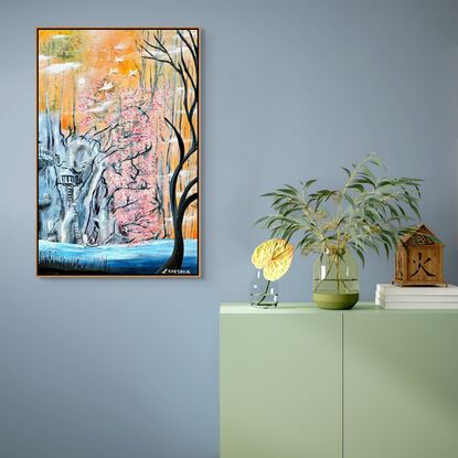 This painting masterfully merges elements of nature, fantasy, and symbolism, creating a visual narrative that invites contemplation and serenity. The warm, glowing background—bathed in soft orange, yellow, and peach tones—hints at the transition between day and night, a moment of calm that often evokes reflection. Rising in contrast from this backdrop, a cherry blossom tree in full bloom takes center stage, its vibrant pink petals capturing the delicate, fleeting beauty associated with springtime and renewal. This nod to Japanese aesthetics, particularly the symbolism of cherry blossoms (sakura), highlights themes of impermanence and the cycles of life, reflecting both beauty and the passage of time. Above, a flock of white cranes soars gracefully across the sky, further deepening the connection to Japanese art and culture, where cranes represent longevity, peace, and spiritual transcendence. Their presence suggests movement, freedom, and the hope of a better, more liberated existence.

Nestled quietly to the left of the canvas is a treehouse, precariously perched on a cliff-like tree with a spiraling staircase leading to its door. This whimsical structure invites feelings of childhood wonder and escapism, evoking a secluded hideaway from the complexities of life, where one might retreat into nature and fantasy. Below, a small boat drifts on calm, cool blue waters, emphasizing the painting's tranquility and adding a sense of quiet introspection, as though the boat itself is on a peaceful journey. On the right side, bare black trees stand in stark contrast to the blossoming cherry tree, introducing a symbolic interplay between life and decay, growth and dormancy, perhaps suggesting the inevitability of change and the cyclical nature of existence.

Overall, the painting creates a harmonious blend of reality and fantasy, inviting the viewer to explore its layers of meaning. The artist, L. Srejber,  draws from Eastern influences, with symbolic motifs like the cherry blossoms and cranes, while also weaving in personal themes of escape, reflection, and solitude. The fantastical elements—such as the treehouse and the dreamlike landscape—blur the line between the real world and a meditative, inner world, offering a space where one might contemplate the beauty, transience, and complexity of life.