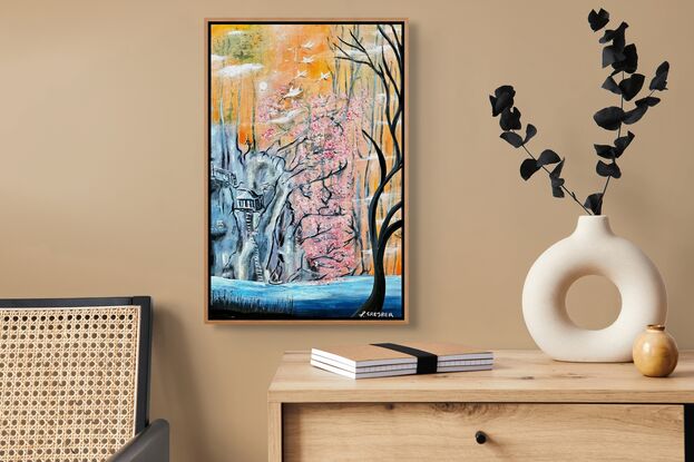 This painting masterfully merges elements of nature, fantasy, and symbolism, creating a visual narrative that invites contemplation and serenity. The warm, glowing background—bathed in soft orange, yellow, and peach tones—hints at the transition between day and night, a moment of calm that often evokes reflection. Rising in contrast from this backdrop, a cherry blossom tree in full bloom takes center stage, its vibrant pink petals capturing the delicate, fleeting beauty associated with springtime and renewal. This nod to Japanese aesthetics, particularly the symbolism of cherry blossoms (sakura), highlights themes of impermanence and the cycles of life, reflecting both beauty and the passage of time. Above, a flock of white cranes soars gracefully across the sky, further deepening the connection to Japanese art and culture, where cranes represent longevity, peace, and spiritual transcendence. Their presence suggests movement, freedom, and the hope of a better, more liberated existence.

Nestled quietly to the left of the canvas is a treehouse, precariously perched on a cliff-like tree with a spiraling staircase leading to its door. This whimsical structure invites feelings of childhood wonder and escapism, evoking a secluded hideaway from the complexities of life, where one might retreat into nature and fantasy. Below, a small boat drifts on calm, cool blue waters, emphasizing the painting's tranquility and adding a sense of quiet introspection, as though the boat itself is on a peaceful journey. On the right side, bare black trees stand in stark contrast to the blossoming cherry tree, introducing a symbolic interplay between life and decay, growth and dormancy, perhaps suggesting the inevitability of change and the cyclical nature of existence.

Overall, the painting creates a harmonious blend of reality and fantasy, inviting the viewer to explore its layers of meaning. The artist, L. Srejber,  draws from Eastern influences, with symbolic motifs like the cherry blossoms and cranes, while also weaving in personal themes of escape, reflection, and solitude. The fantastical elements—such as the treehouse and the dreamlike landscape—blur the line between the real world and a meditative, inner world, offering a space where one might contemplate the beauty, transience, and complexity of life.