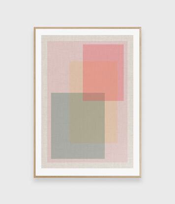 An abstract digital print titled 'Transparency on Linen' featuring three transparent squares in pastel colours, set against a textured linen background. The squares appear to glow softly, evoking a sense of lightness and transparency.