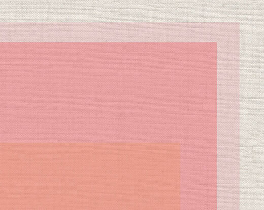 An abstract digital print titled 'Transparency on Linen' featuring three transparent squares in pastel colours, set against a textured linen background. The squares appear to glow softly, evoking a sense of lightness and transparency.