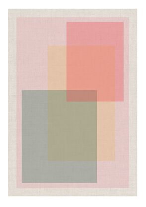 An abstract digital print titled 'Transparency on Linen' featuring three transparent squares in pastel colours, set against a textured linen background. The squares appear to glow softly, evoking a sense of lightness and transparency.