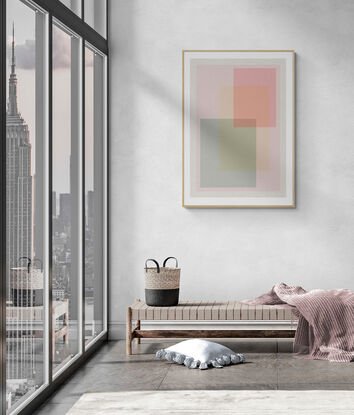 An abstract digital print titled 'Transparency on Linen' featuring three transparent squares in pastel colours, set against a textured linen background. The squares appear to glow softly, evoking a sense of lightness and transparency.