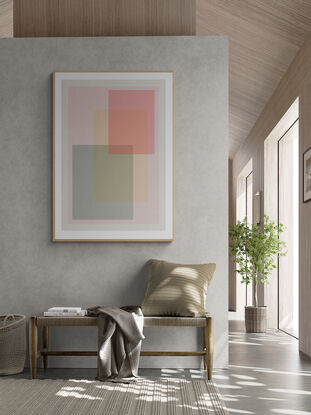 An abstract digital print titled 'Transparency on Linen' featuring three transparent squares in pastel colours, set against a textured linen background. The squares appear to glow softly, evoking a sense of lightness and transparency.