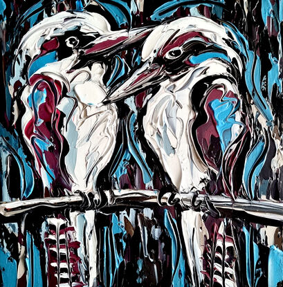 A textured kookaburra pair on messy dark background
