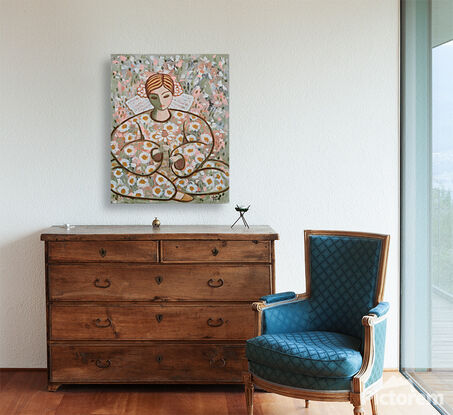 Sitting woman in floral costume 